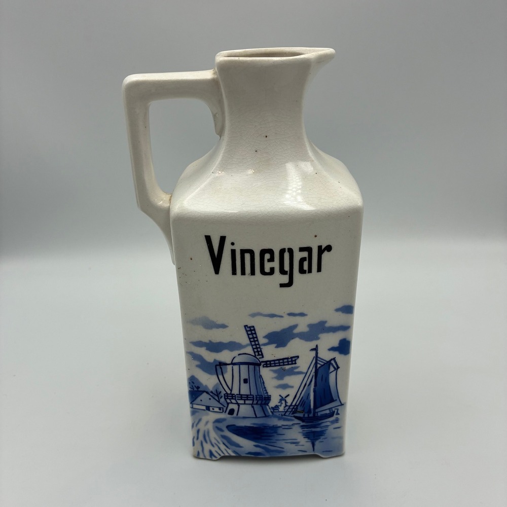 Vintage Germany Ceramic Vinegar Cruet Blue White Windmill Delft Style Bottle